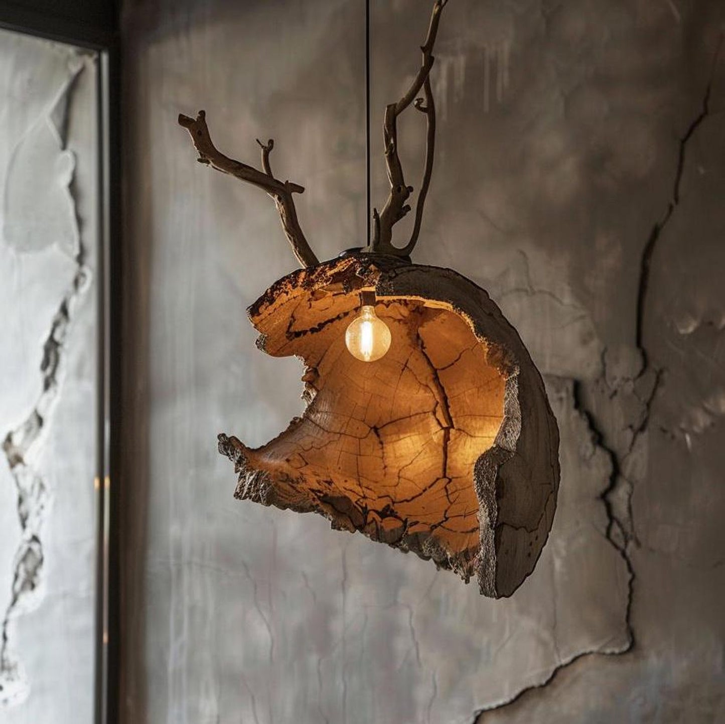 A handcrafted hanging ceiling lamp made from reclaimed driftwood with rough, natural texture, featuring exposed warm-tone Edison-style bulbs suspended by black cords designed to bring rustic coastal charm to living and dining spaces